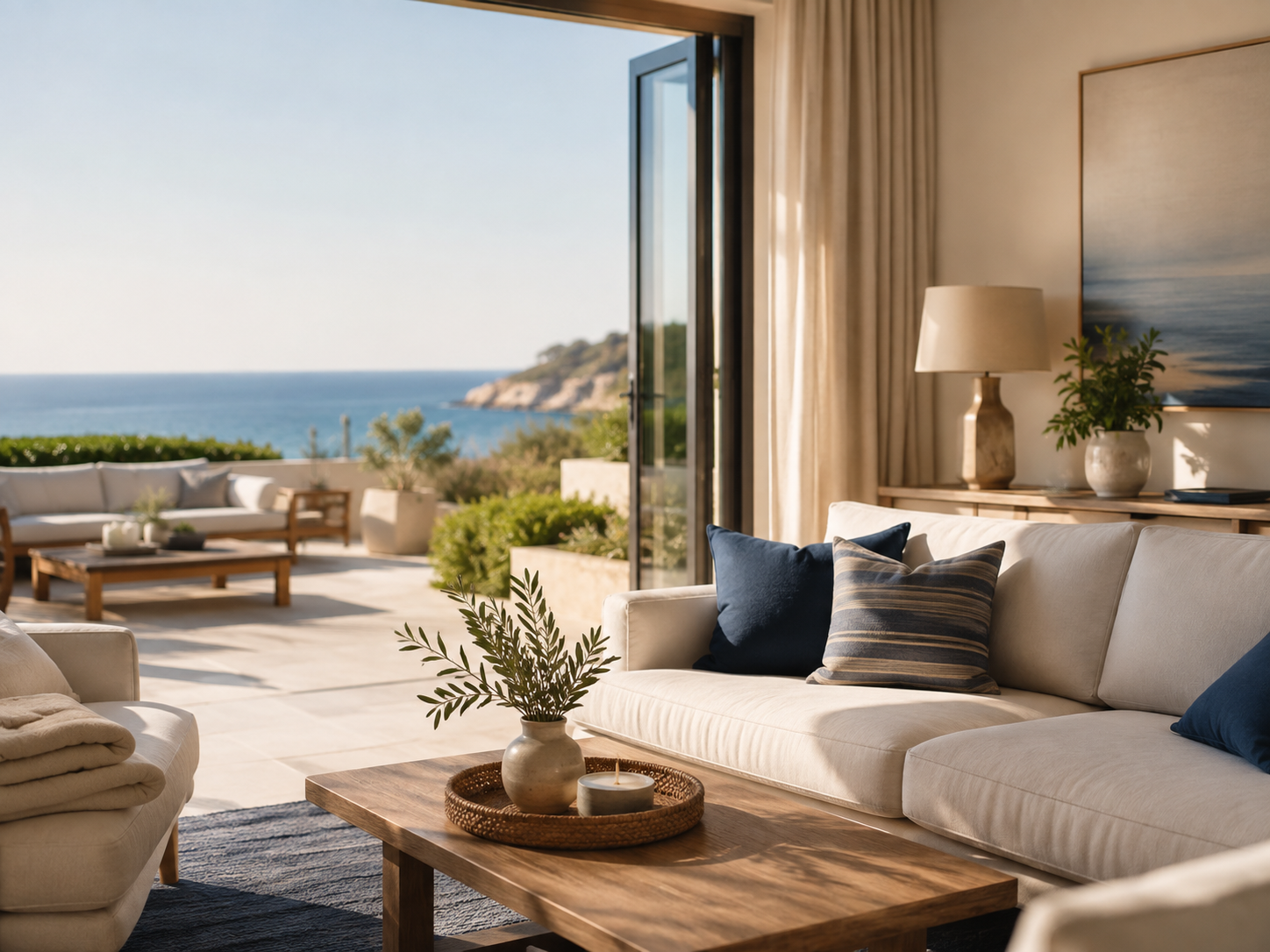 Bright coastal living room, ready and waiting for arrival